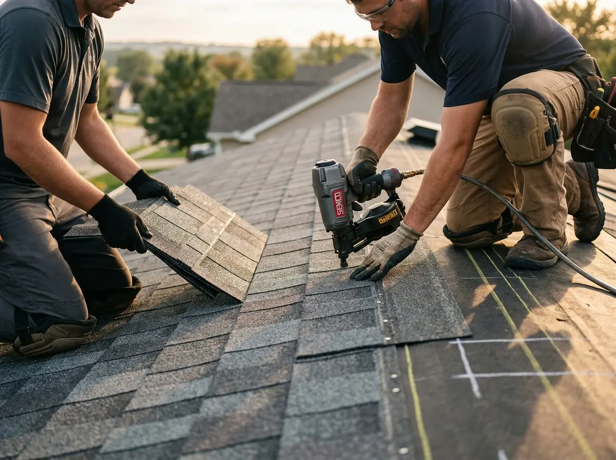 Professional roofer working on a residential roof in Saranap
